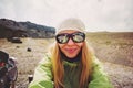 Woman traveler taking selfie in mountains Travel Royalty Free Stock Photo