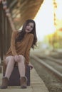 Woman Traveler Tourist Walking With Luggage At Train Station, Royalty Free Stock Photo