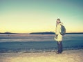 Woman traveler travels to offshore at beautiful glacial lagoon