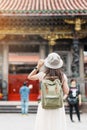 woman traveler visiting in Taiwan, Tourist with hat sightseeing in Longshan Temple, Chinese folk religious temple in Wanhua