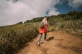 Woman traveler walking by trail in jungle forest Royalty Free Stock Photo