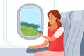 Woman traveling by air plane, sitting on comfortable chair by window with mobile phone