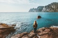 Woman traveling alone standing on Norway seaside
