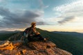 A woman is traveling in Bashkiria, Russia. Mountain tourism in Russia. Walking tour of the mountains of Bashkiria, Aigir. A trip Royalty Free Stock Photo