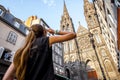 Woman traveling in Clermont-Ferrand city in France Royalty Free Stock Photo