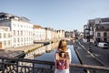 Woman traveling in Gent old town, Belgium Royalty Free Stock Photo