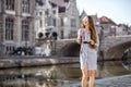 Woman traveling in Gent old town, Belgium Royalty Free Stock Photo