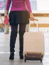 Woman traveller in airport walkway. Travel concept. Royalty Free Stock Photo