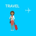 Woman Traveller With Bag Young African American Female Travel On Air Blue Background With Airplane