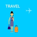 Woman Traveller With Bag Young Asian Female Travel On Air Blue Background With Airplane