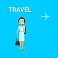 Woman Traveller With Bag Young Caucasian Female Travel On Air Blue Background With Airplane