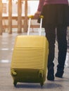 Woman traveller in airport walkway. Travel concept. Royalty Free Stock Photo