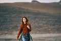 woman travels in nature backpack freedom landscape Royalty Free Stock Photo