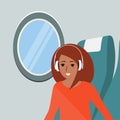 The woman travels by plane. The passenger enjoys the trip, listens to music on headphones. The concept of a safe flight. Vector