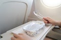 Woman with tray of food on the plane, food served on board of economy class airplane Royalty Free Stock Photo