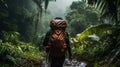 A woman trekker in the rain forest, in the rain, with difficulty