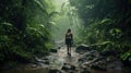 A woman trekker in the rain forest, in the rain, with difficulty