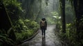 A woman trekker in the rain forest, in the rain, with difficulty