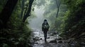 A woman trekker in the rain forest, in the rain, with difficulty