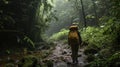 A woman trekker in the rain forest, in the rain, with difficulty