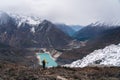 Woman trekker standing on trail to Manaslu base camp in Samagaun village surrounded by Himalaya mountains range in Nepal. A