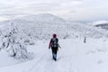 Woman trekking in Karkonosze mountains winter time. POLAND