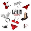 Woman trendy fashionable stickers with bra, panties, intimates, perfume, garnet, lipstick, heels and bunny ears. Valentines Day ne