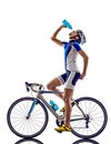 Woman triathlon ironman athlete cyclist cycling drinking