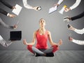Woman tries to keep calm with yoga due to stress and overwork at wok Royalty Free Stock Photo