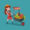 Woman Trolley With Fresh Vegetable Harvest Shop Eco Farming