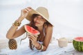 Woman on the Tropical Beach Eating Watermelon Royalty Free Stock Photo