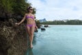 Woman Tropical Beach Summer Vacation, Young Girl Stand In Water Happy Smile