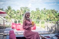 Woman with tropical mango juice outdoors, cafe. Bali island. Royalty Free Stock Photo