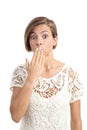 Woman in trouble gesturing oops with a hand on mouth