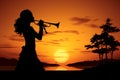 Woman trumpet sunset. Generate Ai Royalty Free Stock Photo