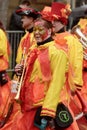 Woman trumpeter in colorful marching band at Carnival parade, St Royalty Free Stock Photo