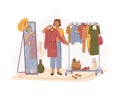 Woman trying clothes, wardrobe and mirror vector