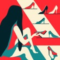 Woman trying on shoes. Pleasure of purchase. Illustration for magazines, sites,sales and discounts.