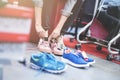 Woman trying shoes in store