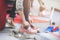 Woman trying shoes in store