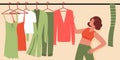 Woman trying to choose outfit clothes on wardrobe in morning, girl deciding what to wear Royalty Free Stock Photo