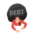 A woman trying to go with a huge weight of debt on her shoulder. Woman crushed by debt. Credit slavery concept