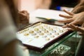 Woman trying wedding rings at a jeweller Royalty Free Stock Photo