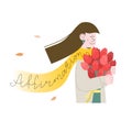 Woman with tulips throws a affirmation on shoulders like scarf. She is confident. Vector illustratiom for card, banner