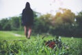 A woman turn back and walk away from red color roses flower on green grass field