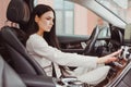 Woman turning on car air condition system on dashboard in car panel, Auto car air condition Royalty Free Stock Photo