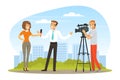 Woman TV Reporter Speaking Into Microphone Interviewing and Camera Man Recording Vector Illustration