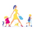 Woman with two children and dogs. Super mother doing shopping