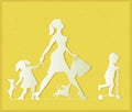 Woman with two children and dogs. Super mother doing shopping an Royalty Free Stock Photo