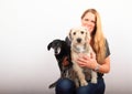 Woman with two dogs on lap Royalty Free Stock Photo